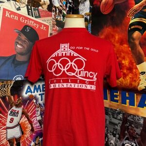 Vintage 80s Quincy College Orientation T Shirt Red Olympics Rings Mens Medium